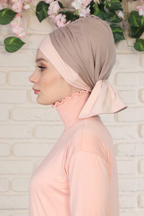 Bicolored Cotton Instant Turban Hijab for Women, Fashionable Women Head Cover for Stylish Look, Comfortable and Fancy Chemo Headwear,B-46 Powder - Mink