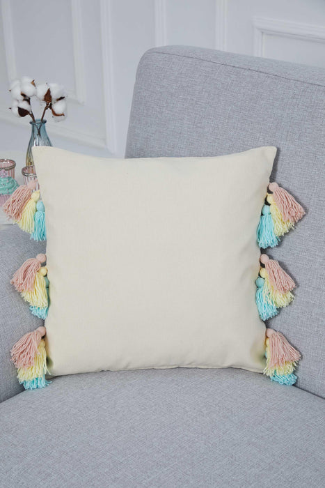 Handicraft Canvas Throw Pillow Cover with Knitted Tassels, 18x18 Inches Cushion Cover for Modern Living Rooms, Stylish Pillow Cover,K-288 Ivory - Blue