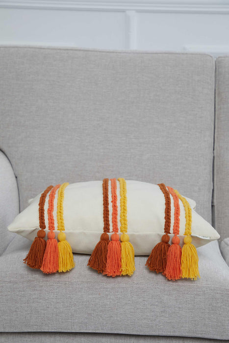 Handicraft Canvas Throw Pillow Cover with Knitted Tassels, 18x18 Inches Cushion Cover for Modern Living Rooms, Stylish Pillow Cover,K-288 Ivory - Orange