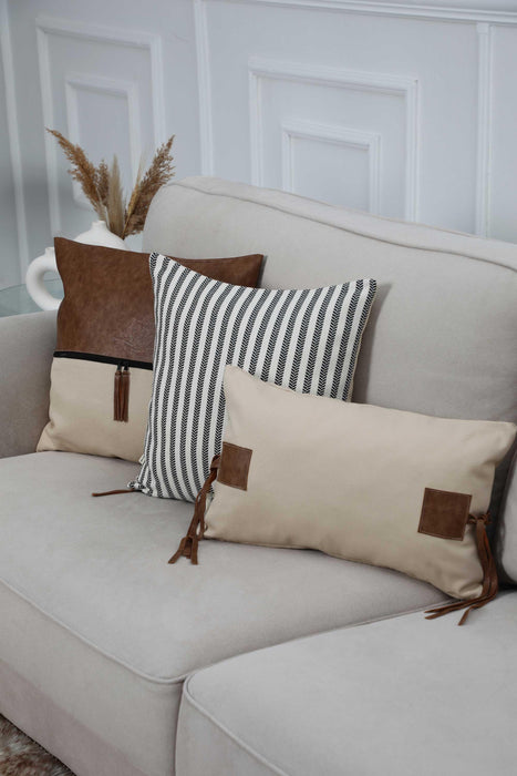 Boho Canvas Pillow Cover with Double Leather Details, 20x12 Inches Decorative High Quality Couch Throw Pillow Cover For Living Room,K-248 Beige-L Brown