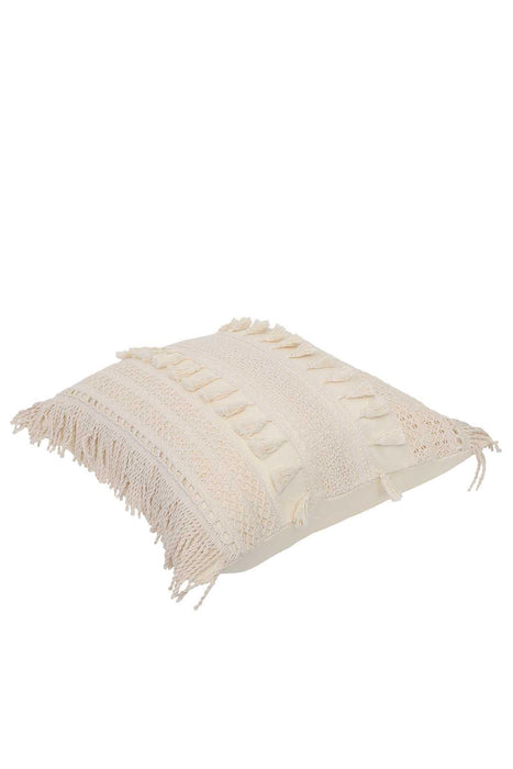 Boho Fringed Throw Pillow Cover with Tassels in the Middle Line, 18x18 Inches Ruffled and Tufted Square Pillow Cover for Living Room,K-168 Ivory
