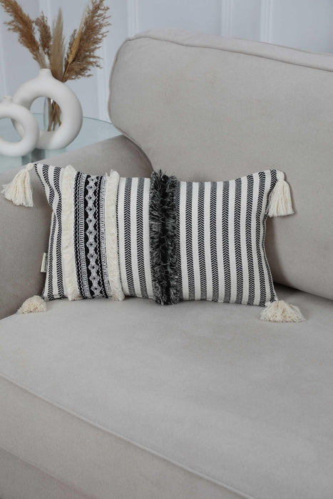 Boho Rectangle Throw Pillow Cover with Tassels on Each Edges, 20x12 Inches Decorative Cushion Cover for Elegant Home Decorations,K-246 Striped Pattern-Ivory