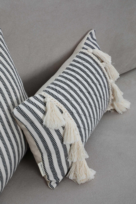 Tasseled Throw Pillow Cover with Striped-Patterns, 20x12 Inches High Quality and Comfortable Lumbar Pillow Cover, Farmhouse Pillow,K-247 Striped Pattern-Ivory