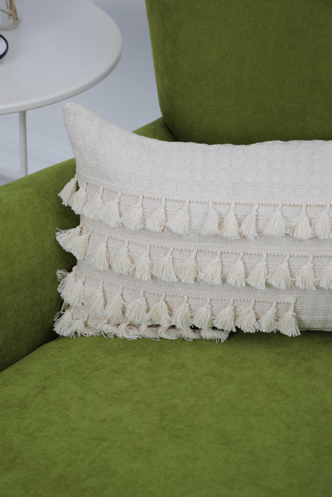 Boho Decorative Pillow Cover with Stylish Hanging Tassels, 20x12 Inches Throw Pillow Cover for Couch and Chair, Fringed Pillow Cover,K-258 Ivory