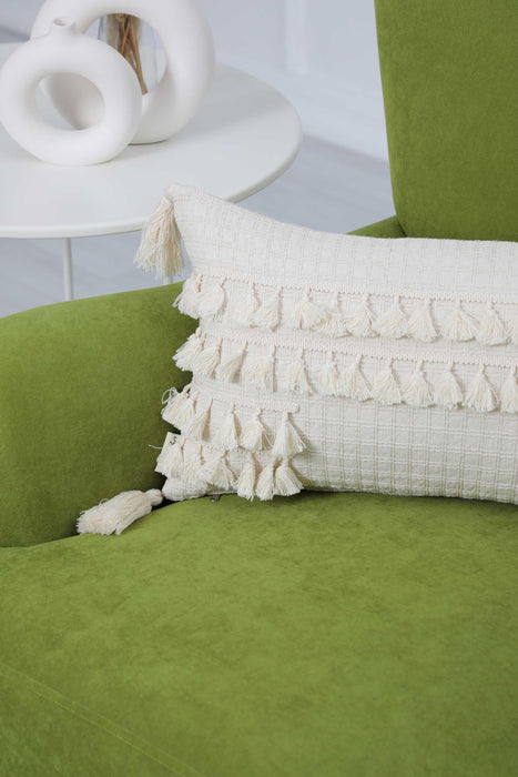 Boho Decorative Cotton Throw Pillow Cover Adorned with Plenty of Tassels, 20x12 Inches Comfortable Lumbar Pillow Cover for Cozy Homes,K-249 Ivory