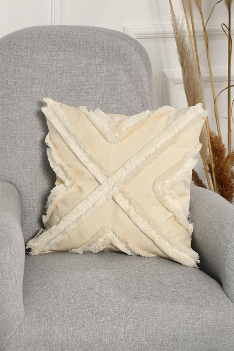 Decorative X Design Hand-Woven Pillow Cover with Fringes, 18x18 Inches Linen Boho Handmade Throw Pillow Cover for Couch and Chairs,K-127 Ivory