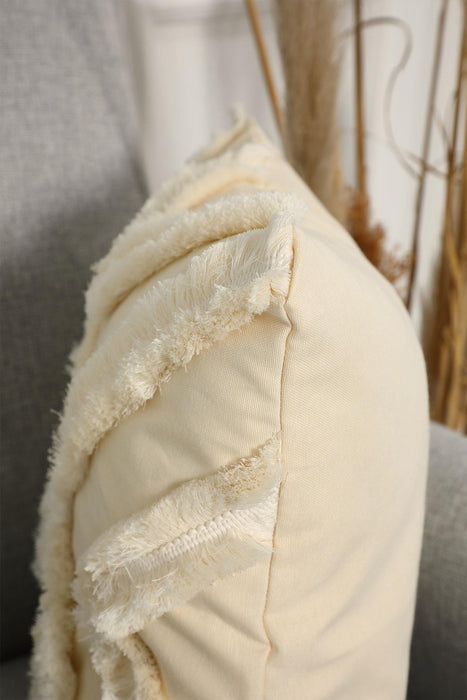 Decorative X Design Hand-Woven Pillow Cover with Fringes, 18x18 Inches Linen Boho Handmade Throw Pillow Cover for Couch and Chairs,K-127 Ivory