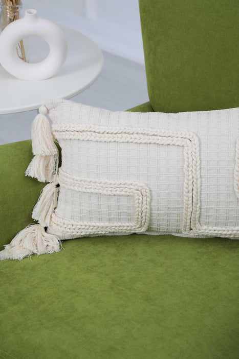 Boho Fashionable Geometric Throw Pillow Cover with Tassels 20x12 Inches Knitting Work Cotton Cushion Cover, Farmhouse Pillow Cover,K-251 Ivory