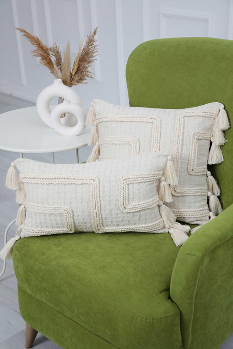 Boho Fashionable Geometric Throw Pillow Cover with Tassels 20x12 Inches Knitting Work Cotton Cushion Cover, Farmhouse Pillow Cover,K-251 Ivory