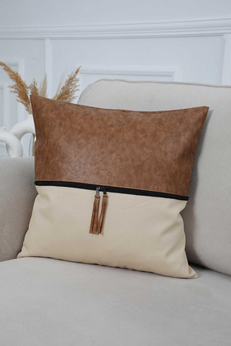 Decorative Pillow Cover with Chic Leather Details, 18x18 Inches Bohemian Cushion Cover with an Adorable Design, Chic Housewarming Gift,K-255 L.Brown-Beige