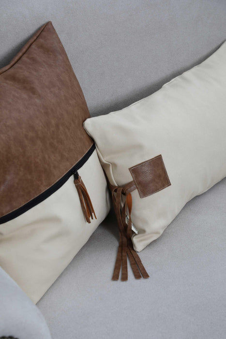 Decorative Pillow Cover with Chic Leather Details, 18x18 Inches Bohemian Cushion Cover with an Adorable Design, Chic Housewarming Gift,K-255 L.Brown-Beige