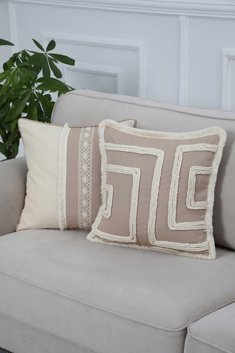 Boho Decorative Fashionable Pillow Cover 18x18 Inches Square Cushion Cover with a Beautiful Design, Handicraft Trimmed Pillow Cover,K-252 Ivory - Beige