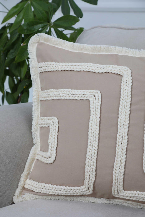 Boho Decorative Geometric Throw Pillow Cover 18x18 Inches Handicraft Trimmed Linen Texture Cushion Cover for Stylish Decorations,K-253 Beige
