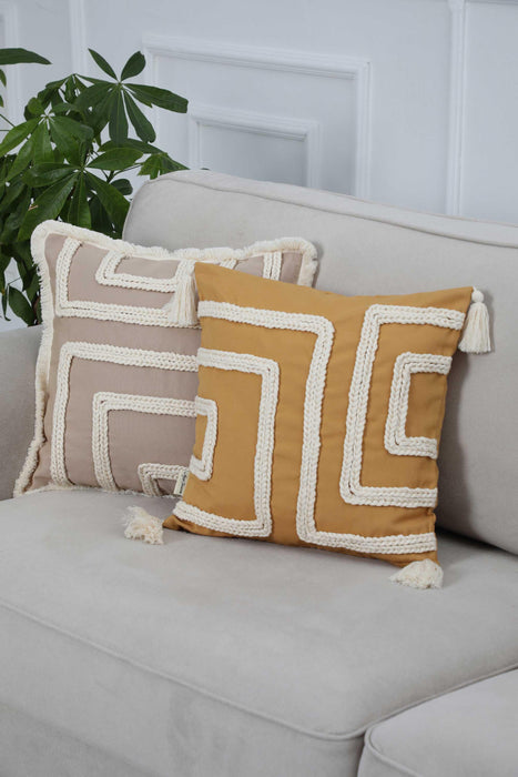 Boho Decorative Geometric Throw Pillow Cover 18x18 Inches Handicraft Trimmed Linen Texture Cushion Cover for Stylish Decorations,K-253 Beige