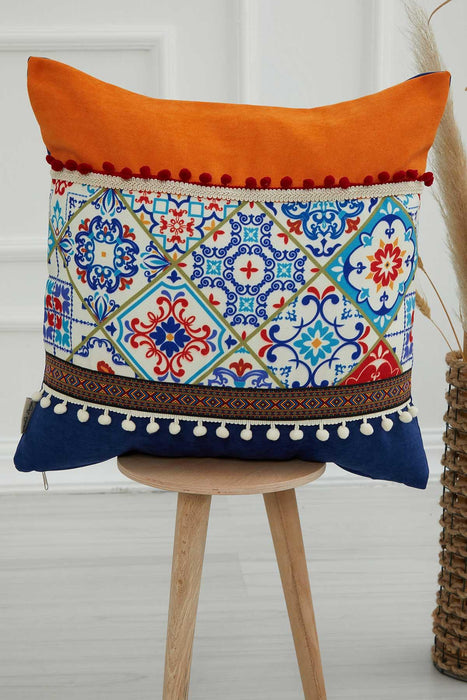 Boho Decorative Colourful Throw Pillow Cover 18x18 Inches Mixture of Printed and Knit Fabric Cushion Cover with Pom-pom Details,K-225 Blue - Orange - Pattern 32