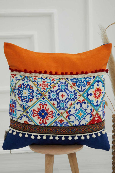 Boho Decorative Colourful Throw Pillow Cover 18x18 Inches Mixture of Printed and Knit Fabric Cushion Cover with Pom-pom Details,K-225 Blue - Orange - Pattern 32