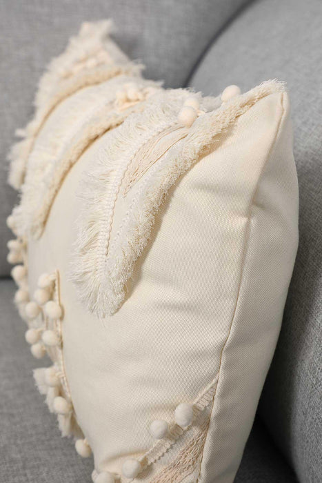 غطاء وسادة بوهو متعرج مهدب مع كرات بوم مصنوعة يدويًا، غطاء وسادة أنيق مصنوع يدويًا مقاس 20 × 12 بوصة للأريكة، K-217