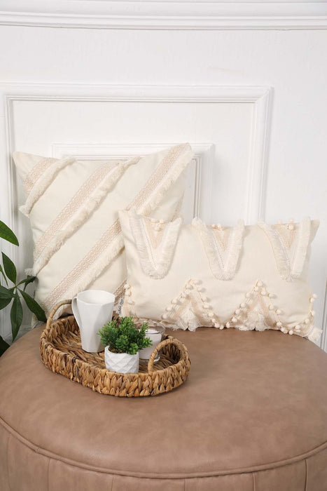 Boho Zigzag Fringed Throw Pillow Cover with Handmade Pom-poms, 20x12 Inches Handicraft Farmhouse Stylish Cushion Cover for Couch,K-217 Ivory