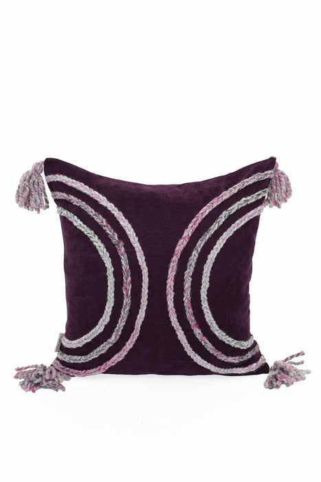 Arc Design 18x18 Inches Throw Pillow Cover with Beautiful Tassels, Handicraft Polyester Cushion Cover for Modern Living Room Decors,K-117 Purple