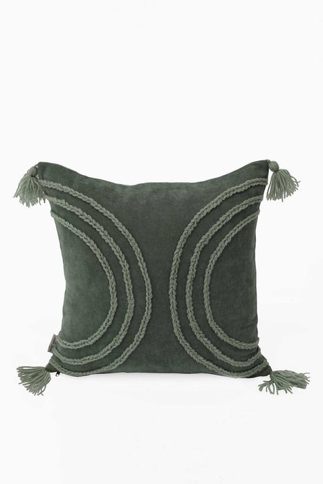 Arc Design 18x18 Inches Throw Pillow Cover with Beautiful Tassels, Handicraft Polyester Cushion Cover for Modern Living Room Decors,K-117 Green Almond