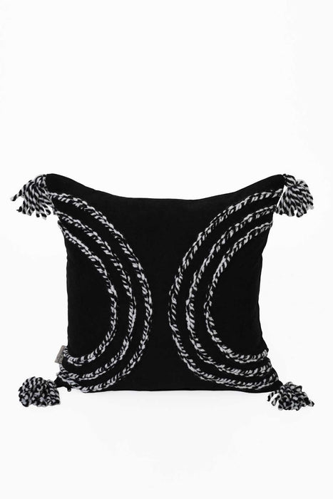 Arc Design 18x18 Inches Throw Pillow Cover with Beautiful Tassels, Handicraft Polyester Cushion Cover for Modern Living Room Decors,K-117 Black