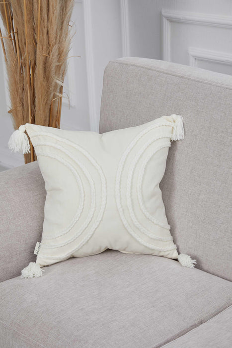 Arc Design 18x18 Inches Throw Pillow Cover with Beautiful Tassels, Handicraft Polyester Cushion Cover for Modern Living Room Decors,K-117 Ecru