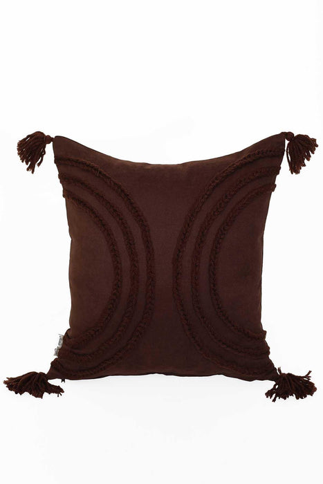Arc Design 18x18 Inches Throw Pillow Cover with Beautiful Tassels, Handicraft Polyester Cushion Cover for Modern Living Room Decors,K-117 Brown