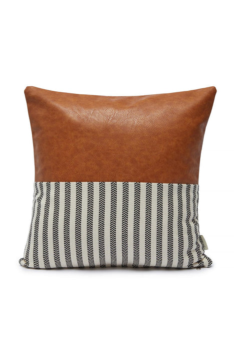 Boho Throw Pillow Cover with Striped-Pattern and Leather, 18x18 Inches High Quality Decorative Pillow Cover for Elegant Home Decors,K-154 Brown - Ivory