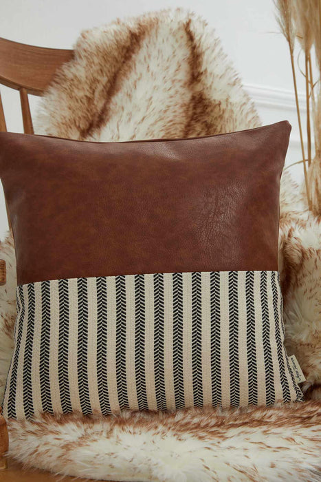 Boho Throw Pillow Cover with Striped-Pattern and Leather, 18x18 Inches High Quality Decorative Pillow Cover for Elegant Home Decors,K-154 D. Brown - Ivory