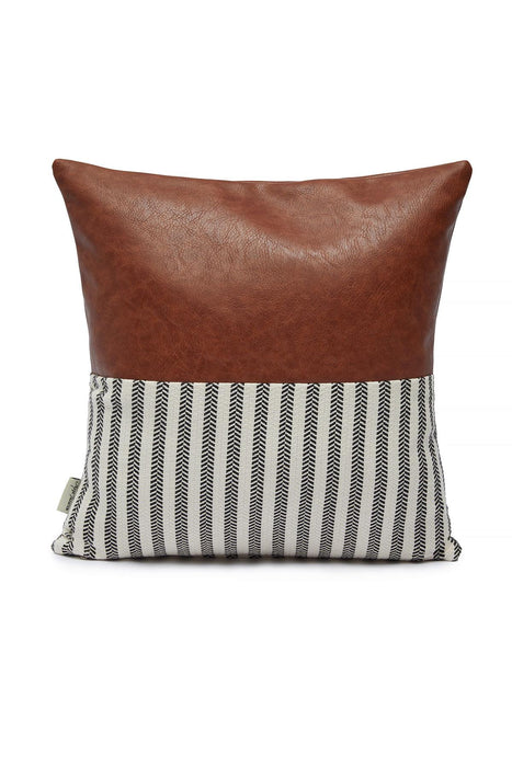 Boho Throw Pillow Cover with Striped-Pattern and Leather, 18x18 Inches High Quality Decorative Pillow Cover for Elegant Home Decors,K-154 D. Brown - Ivory