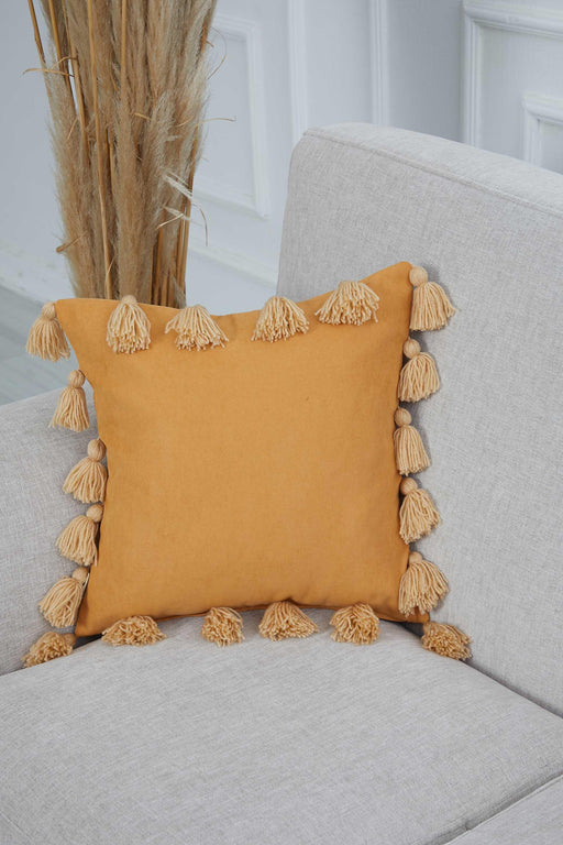 Decorative Throw Pillow Cover Surrounded with Big Tassels, 18x18 Inches Modern Polyester Cushion Cover, Farmhouse Pillow Cover,K-111 Beige