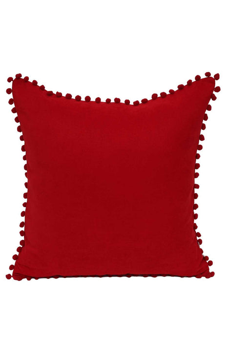 Solid Knit Throw Pillow Cover with Pom-poms, 18x18 Inches Modern Decorative Design Cushion Covers for Couch, Housewarming Gift,K-106 Red