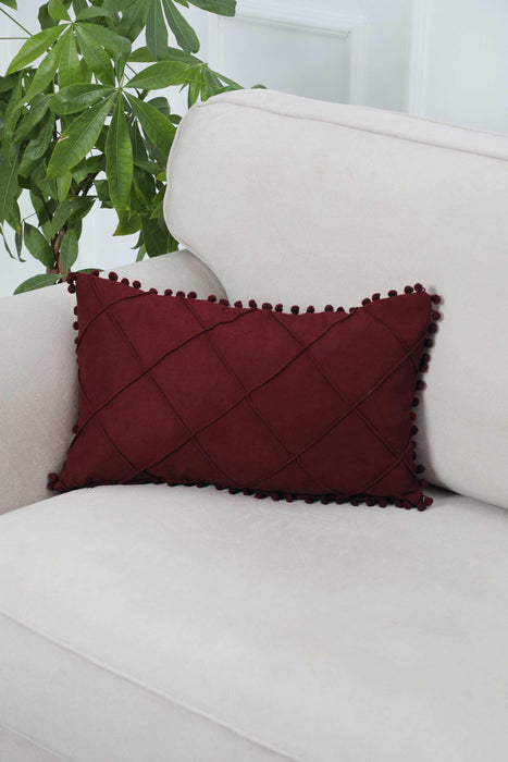Solid Throw Pillow Cover with Plent of Side Pom-poms, 20x12 Inches Soft Cushion Cover for Sofa and Chair, Living Room Pillow Cover,K-244 Maroon