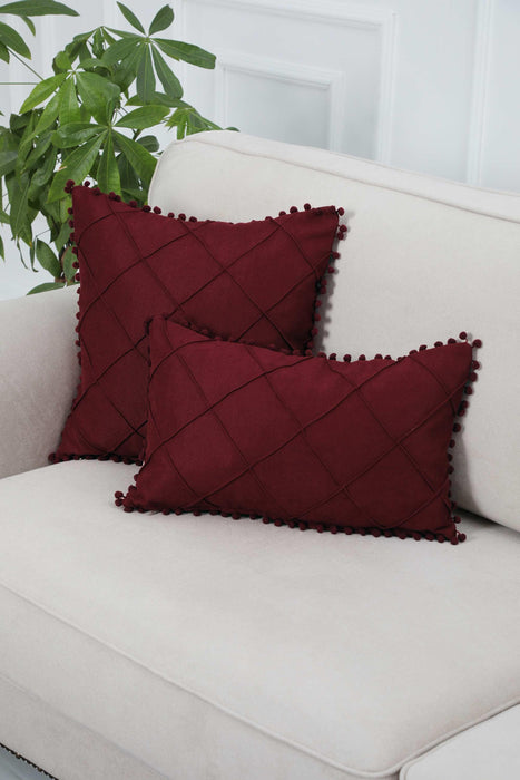 Solid Throw Pillow Cover with Plent of Side Pom-poms, 20x12 Inches Soft Cushion Cover for Sofa and Chair, Living Room Pillow Cover,K-244 Maroon