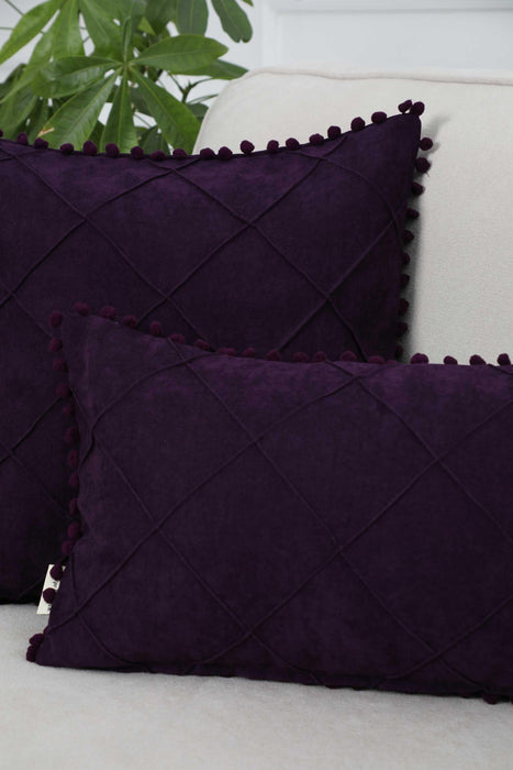 Solid Throw Pillow Cover with Plent of Side Pom-poms, 20x12 Inches Soft Cushion Cover for Sofa and Chair, Living Room Pillow Cover,K-244 Purple