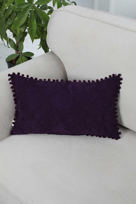 Solid Throw Pillow Cover with Plent of Side Pom-poms, 20x12 Inches Soft Cushion Cover for Sofa and Chair, Living Room Pillow Cover,K-244 Purple