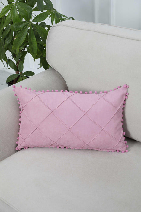 Solid Throw Pillow Cover with Plent of Side Pom-poms, 20x12 Inches Soft Cushion Cover for Sofa and Chair, Living Room Pillow Cover,K-244 Pink
