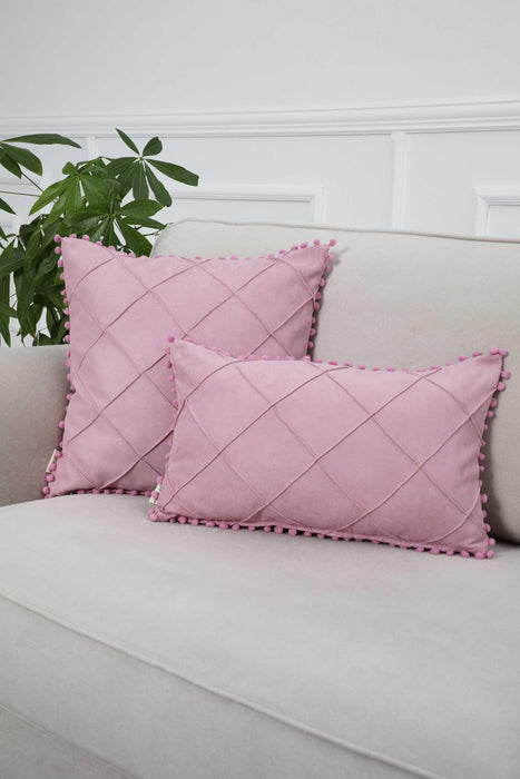 Solid Throw Pillow Cover with Plent of Side Pom-poms, 20x12 Inches Soft Cushion Cover for Sofa and Chair, Living Room Pillow Cover,K-244 Pink