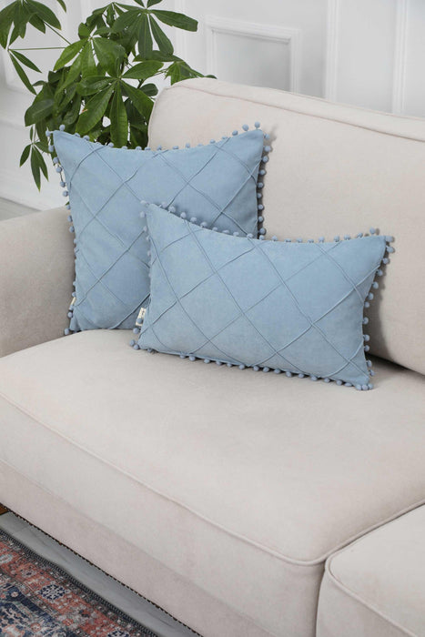 Solid Throw Pillow Cover with Plent of Side Pom-poms, 20x12 Inches Soft Cushion Cover for Sofa and Chair, Living Room Pillow Cover,K-244 Light Blue