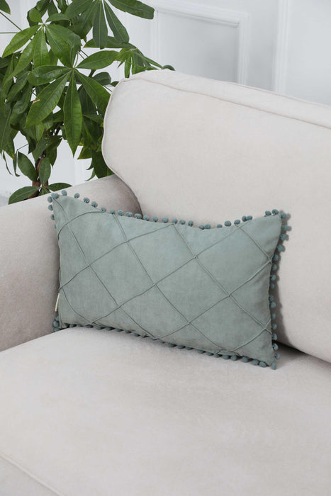 Solid Throw Pillow Cover with Plent of Side Pom-poms, 20x12 Inches Soft Cushion Cover for Sofa and Chair, Living Room Pillow Cover,K-244 Green Almond