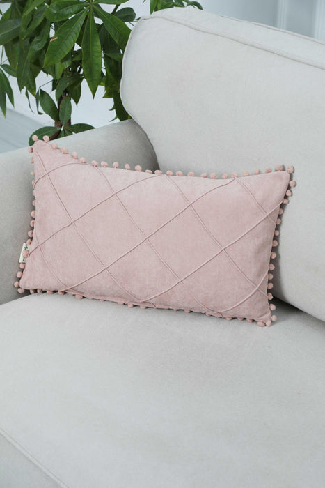 Solid Throw Pillow Cover with Plent of Side Pom-poms, 20x12 Inches Soft Cushion Cover for Sofa and Chair, Living Room Pillow Cover,K-244 Powder