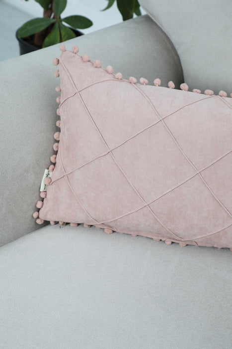 Solid Throw Pillow Cover with Plent of Side Pom-poms, 20x12 Inches Soft Cushion Cover for Sofa and Chair, Living Room Pillow Cover,K-244 Powder