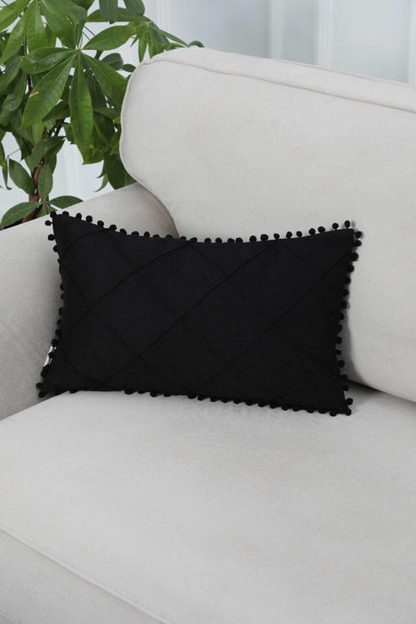 Solid Throw Pillow Cover with Plent of Side Pom-poms, 20x12 Inches Soft Cushion Cover for Sofa and Chair, Living Room Pillow Cover,K-244 Black