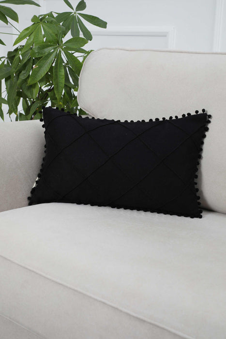 Solid Throw Pillow Cover with Plent of Side Pom-poms, 20x12 Inches Soft Cushion Cover for Sofa and Chair, Living Room Pillow Cover,K-244 Black