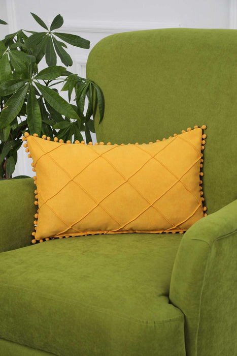 Solid Throw Pillow Cover with Plent of Side Pom-poms, 20x12 Inches Soft Cushion Cover for Sofa and Chair, Living Room Pillow Cover,K-244 Yellow