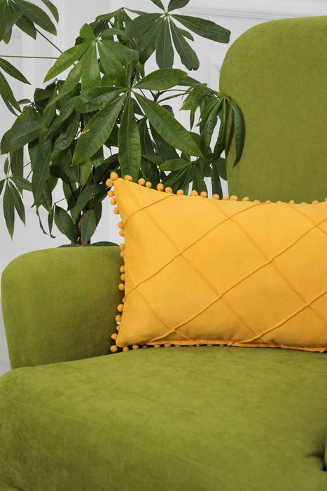Solid Throw Pillow Cover with Plent of Side Pom-poms, 20x12 Inches Soft Cushion Cover for Sofa and Chair, Living Room Pillow Cover,K-244 Yellow