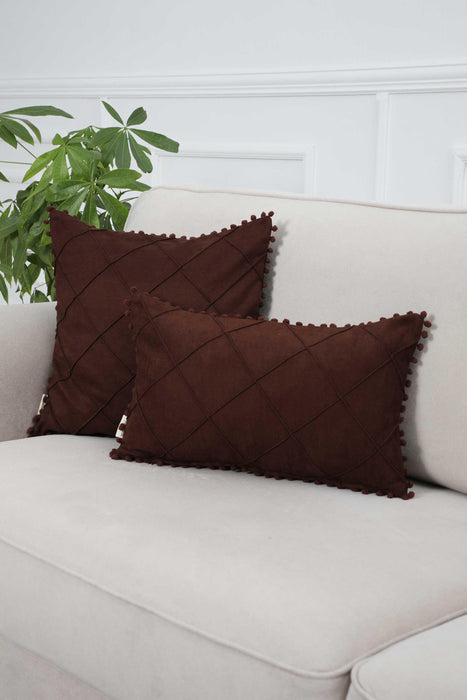 Solid Throw Pillow Cover with Plent of Side Pom-poms, 20x12 Inches Soft Cushion Cover for Sofa and Chair, Living Room Pillow Cover,K-244 Brown