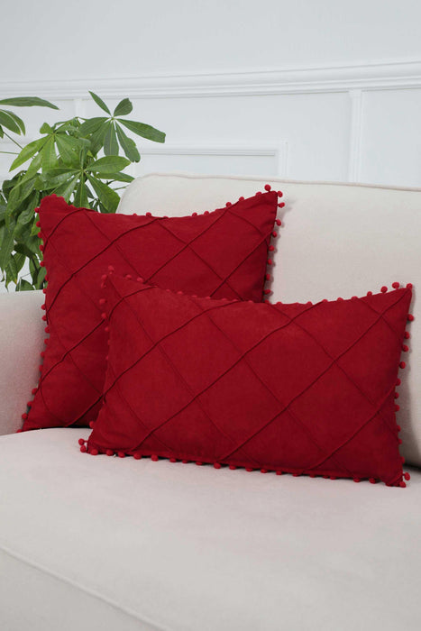 Solid Throw Pillow Cover with Plent of Side Pom-poms, 20x12 Inches Soft Cushion Cover for Sofa and Chair, Living Room Pillow Cover,K-244 Red