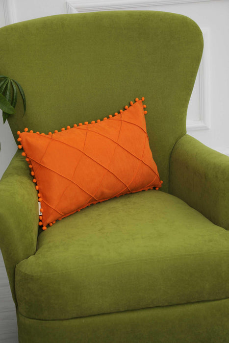 Solid Throw Pillow Cover with Plent of Side Pom-poms, 20x12 Inches Soft Cushion Cover for Sofa and Chair, Living Room Pillow Cover,K-244 Orange