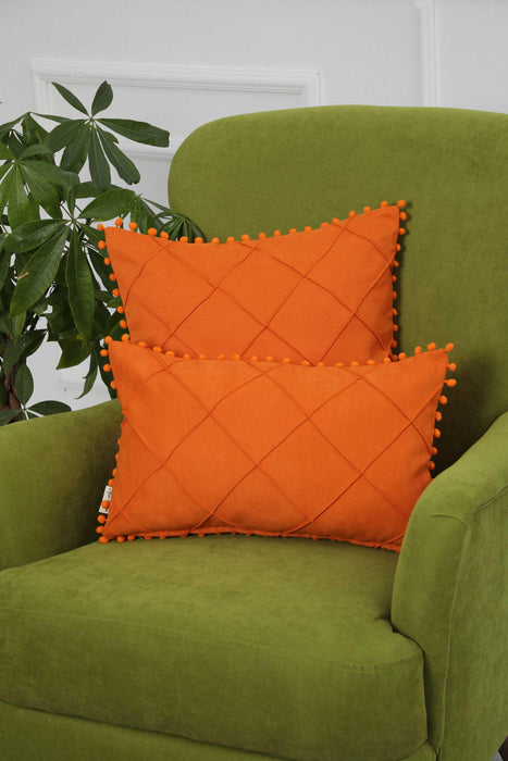 Solid Throw Pillow Cover with Plent of Side Pom-poms, 20x12 Inches Soft Cushion Cover for Sofa and Chair, Living Room Pillow Cover,K-244 Orange
